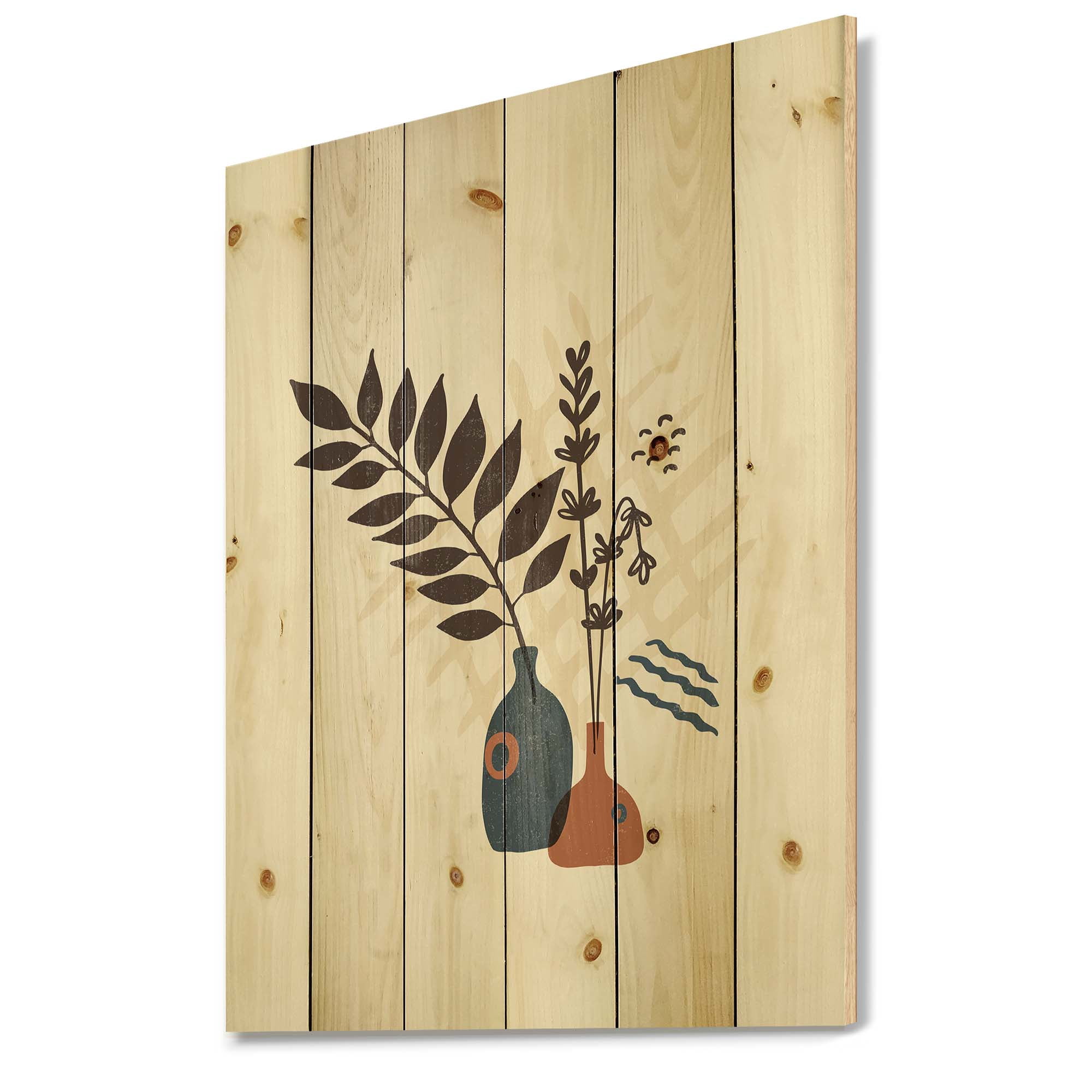 Designart 'Ancient Boho Art Minimalistic Flowers I' Modern Print on Natural Pine Wood