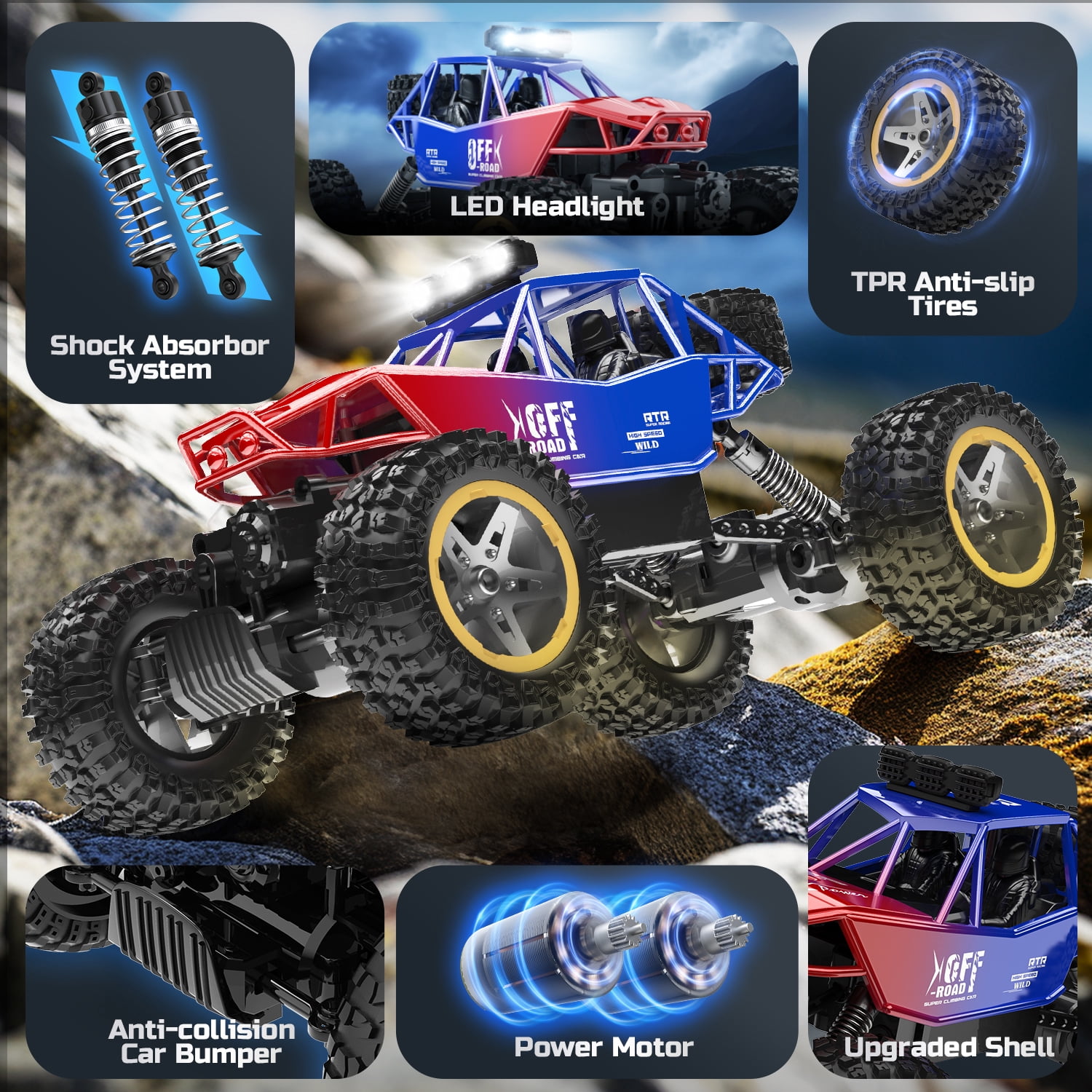 JoyStone 4WD RC Cars, 1:16 Off Road Monster Truck with LED Headlight Rock Crawler, 2 Batteries for 70+ Min Play, Gift Toys for Girls Kids Boys (Red & Blue)
