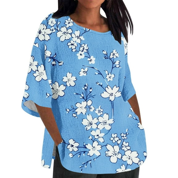 LYXSSBYX 3/4 Length Sleeve Womens Tops Plus Size Women's Ladies Fashion Casual Cropped 3/4 Sleeve Printing Cotton Loose Shirt Blouse Top