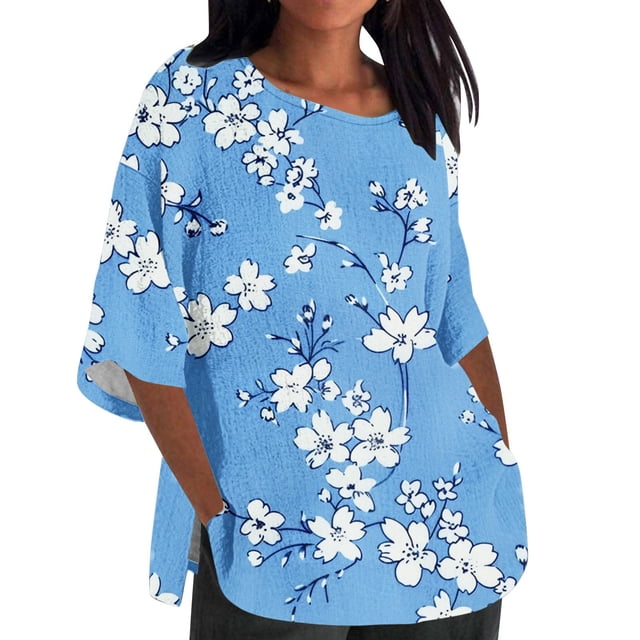 QIPOPIQ Haut Imprimé Manches 3/4 Grande Taille pour Femmes Tunique Ample Col Rond T-Shirt (1X-5X) Liquidation