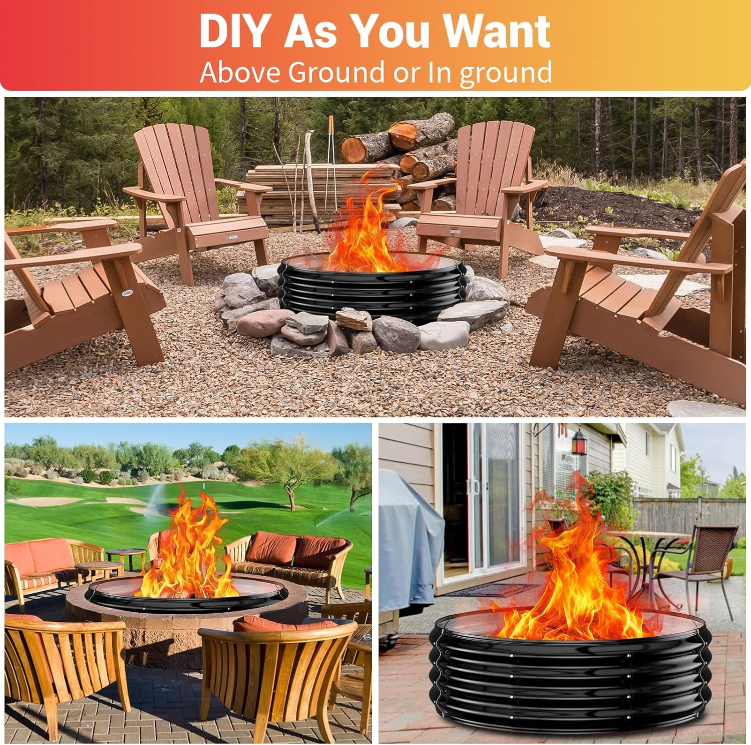 60 Inch Extra Large Heavy Duty Fire Pit Ring, 12" Tall High Heat Resistant Wood Burning Outdoor Fire Bowl, Galvanized Steel Portable for Backyard, Patio, Bonfire and Camping