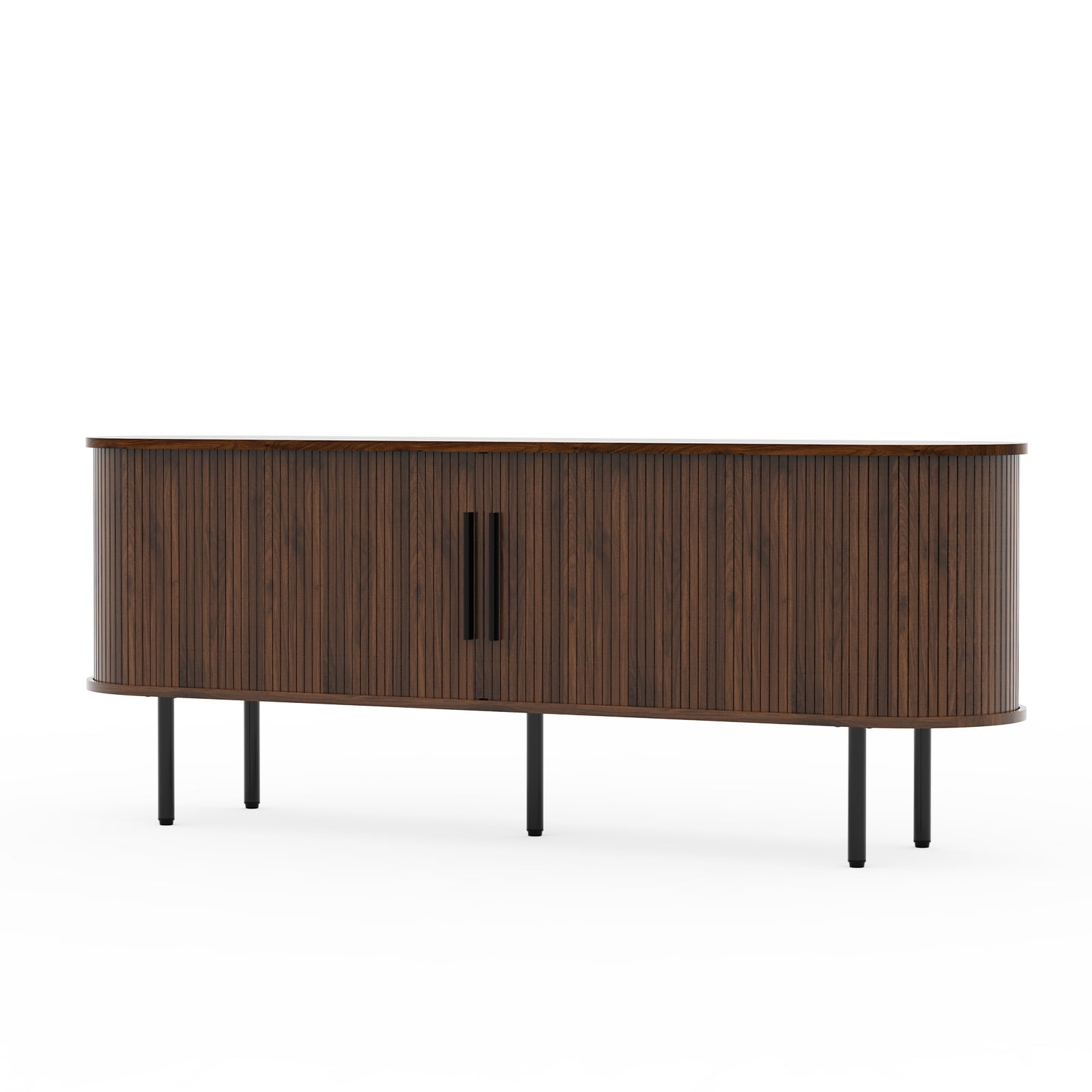 Embossed Particle Board TV Stand, Oval Tabletop 147x35x58cm, Modern Entertainment Center with Sliding Grid Doors, Media Console Cabinet for Living Room Bedroom, Walnut