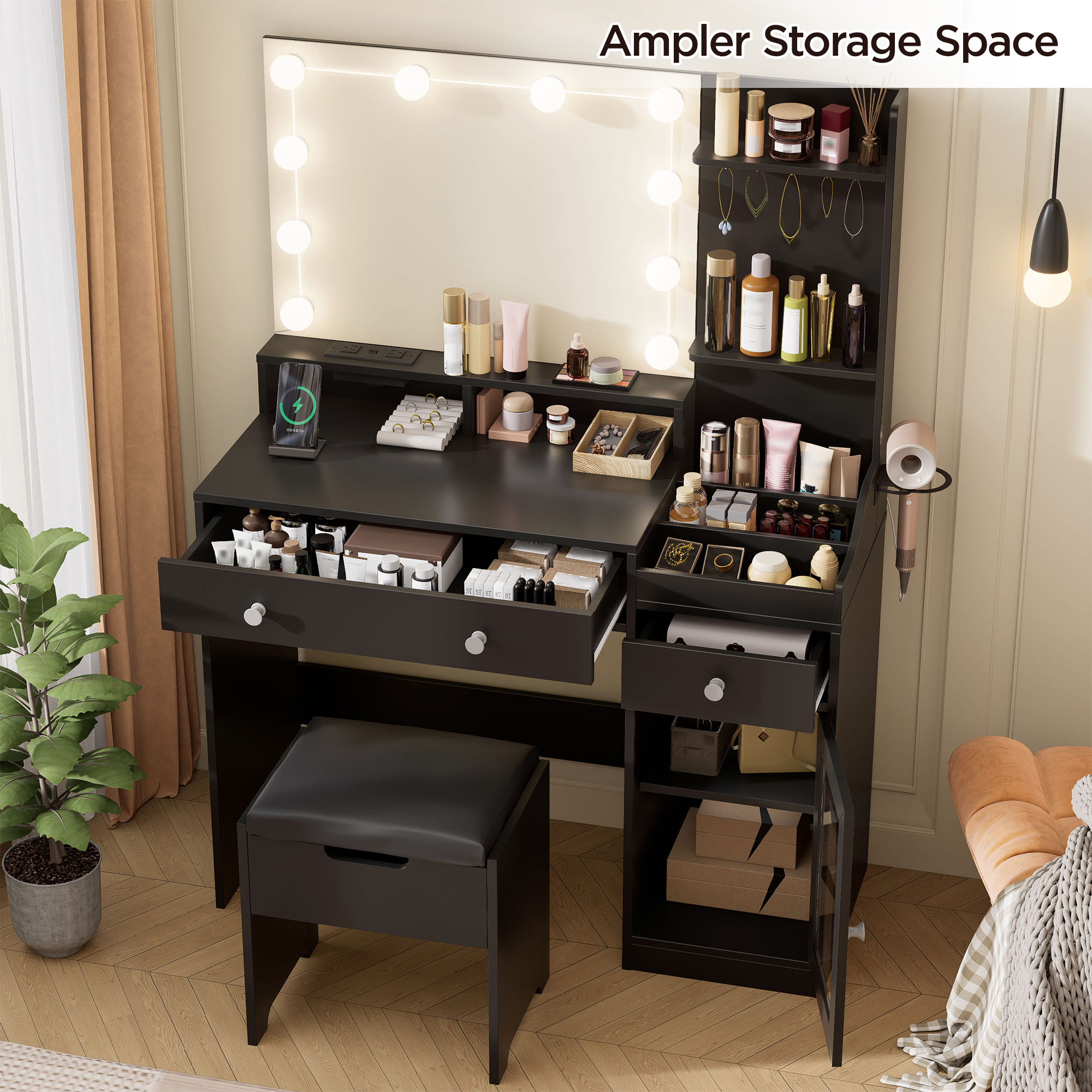 Black Vanity Set with Mirror and Lights, Modern Makeup Table with Charging Station