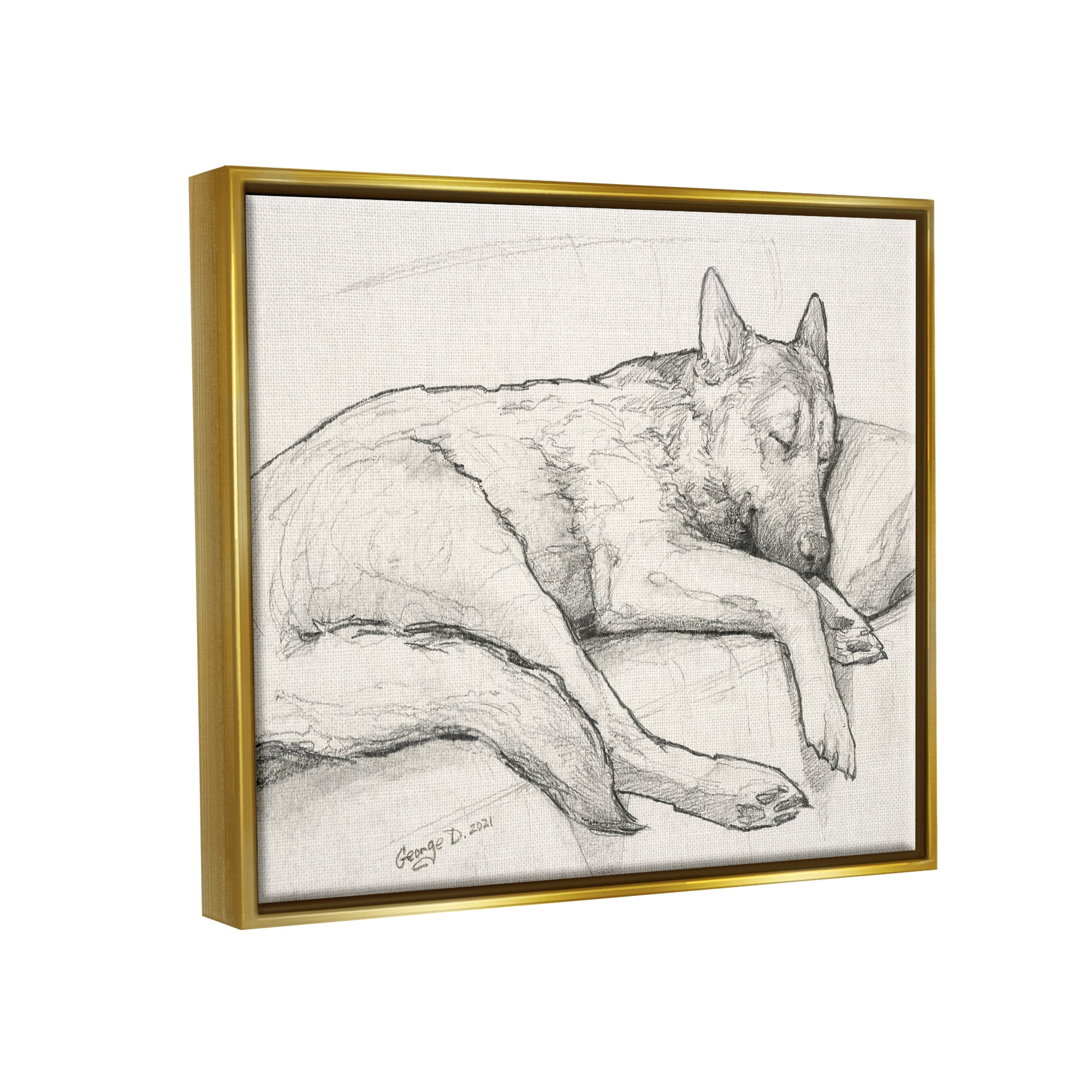 Stupell Industries Dog Curled Up Resting Detailed Graphite Pencil Drawing Drawing Print Metallic Gold Floating Framed Canvas Print Wall Art, Design by George Dyachenko