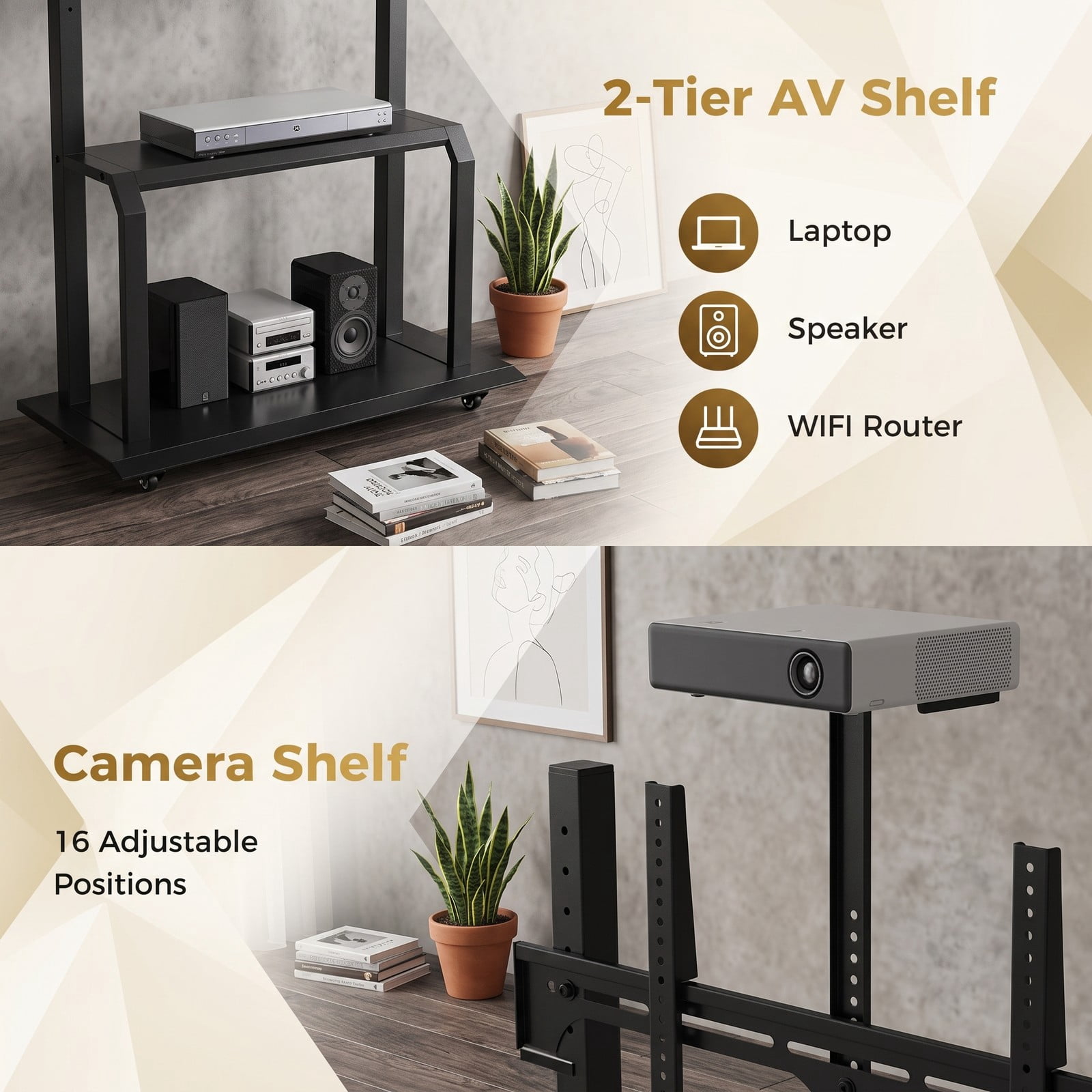 Furnibear Mobile TV Stand with Camera Shelf and AV Shelves for 32-80 Inch Flat Curved TVs, Height Adjustable Rolling Floor TV Cart with Locking Wheels, Holds up, Black