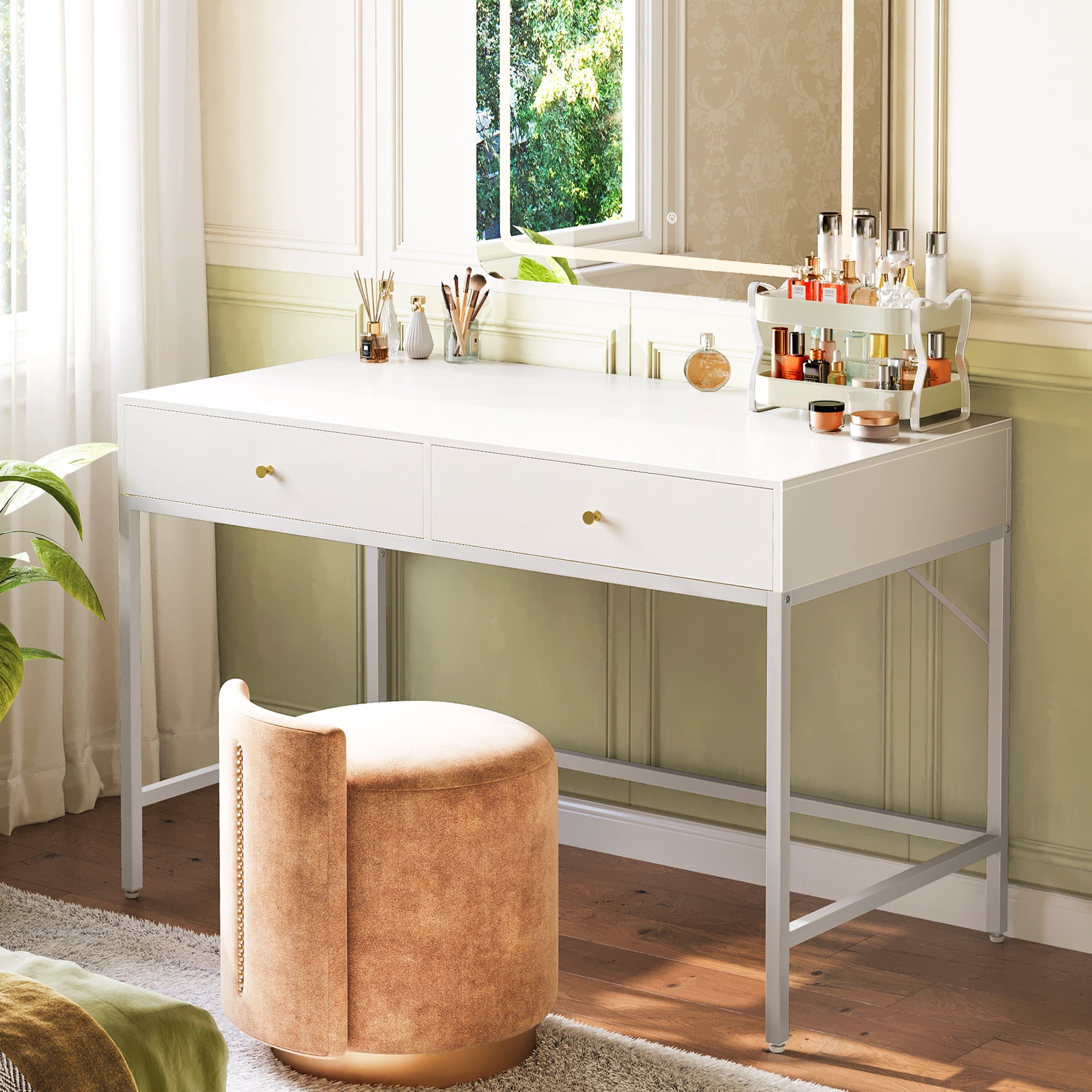 Amadwell 39 Inch White Vanity Desk with 2 Drawers, Small Makeup Vanity Computer Desk for Bedroom