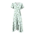 thumbnail image 4 of Women's Summer Floral Print V-Neck Waisted Short Sleeve Dress with Ruffled Hem - Casual A-Line Stretch Dress for Outdoor, Party, or Daily Wear,Light Green L, 4 of 5