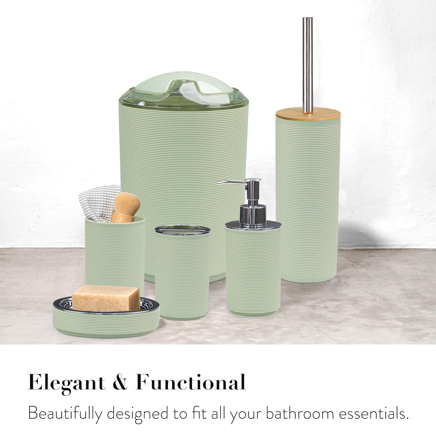 CERBIOR Bathroom Accessories Set 6 Pcs Ensemble Complete Soap Dispenser Toothbrush Holder Tumbler Soap Dish Toilet Cleaning Brush Trash Can, Thread Sriral Green