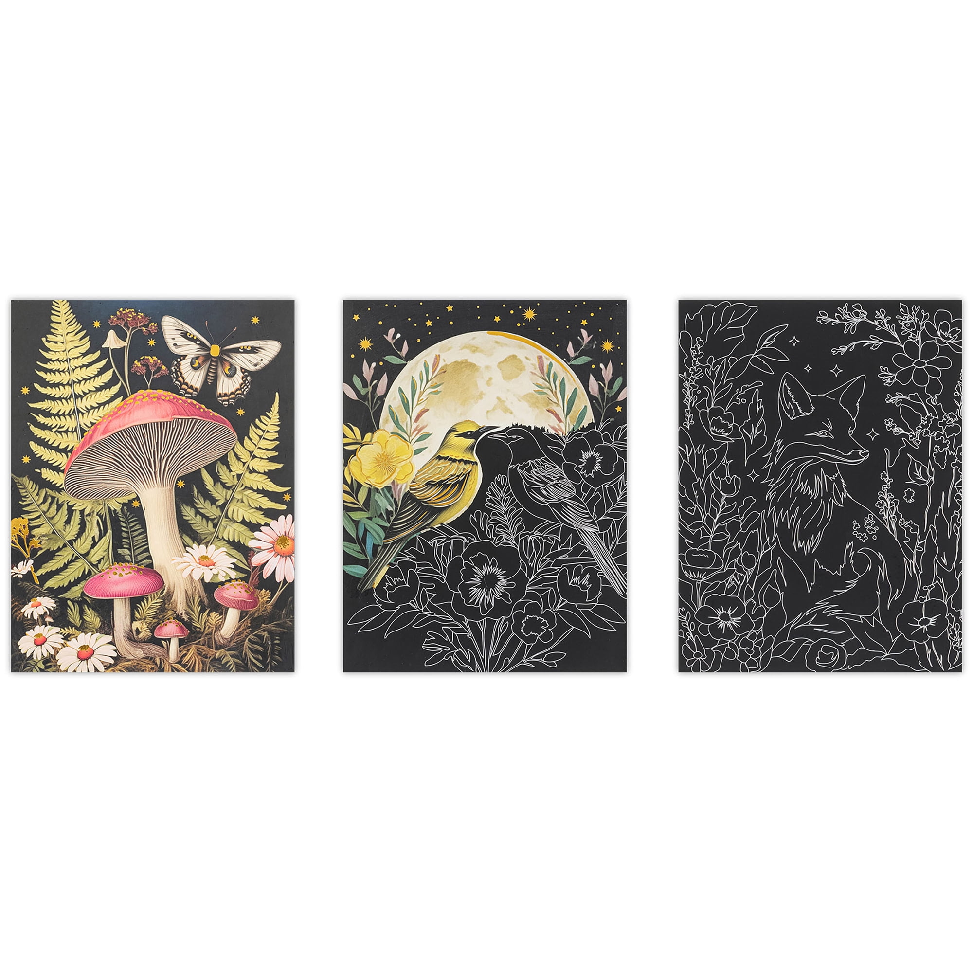 Brea Reese: Scratch Art Paper Pad - Midnight Botanicals - 6 Designs, Guided Art, Metallic Accents, Dual-Tip Stylus & Brush, 9x12" Pages, Adult Craft