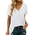 thumbnail image 2 of Fesfesfes Basic Short Sleeve Tees Women Casual V Neck Short Puff Sleeve Color Blouse T-shirt Tops Loose Fit Shirr Womens Tshirts 6(M), 2 of 7