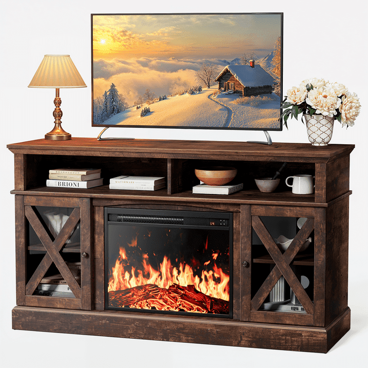 Electric Fireplace TV Stand for 75 inch TVs Farmhouse TV Console with 23″ Fireplace, Vintage Brown