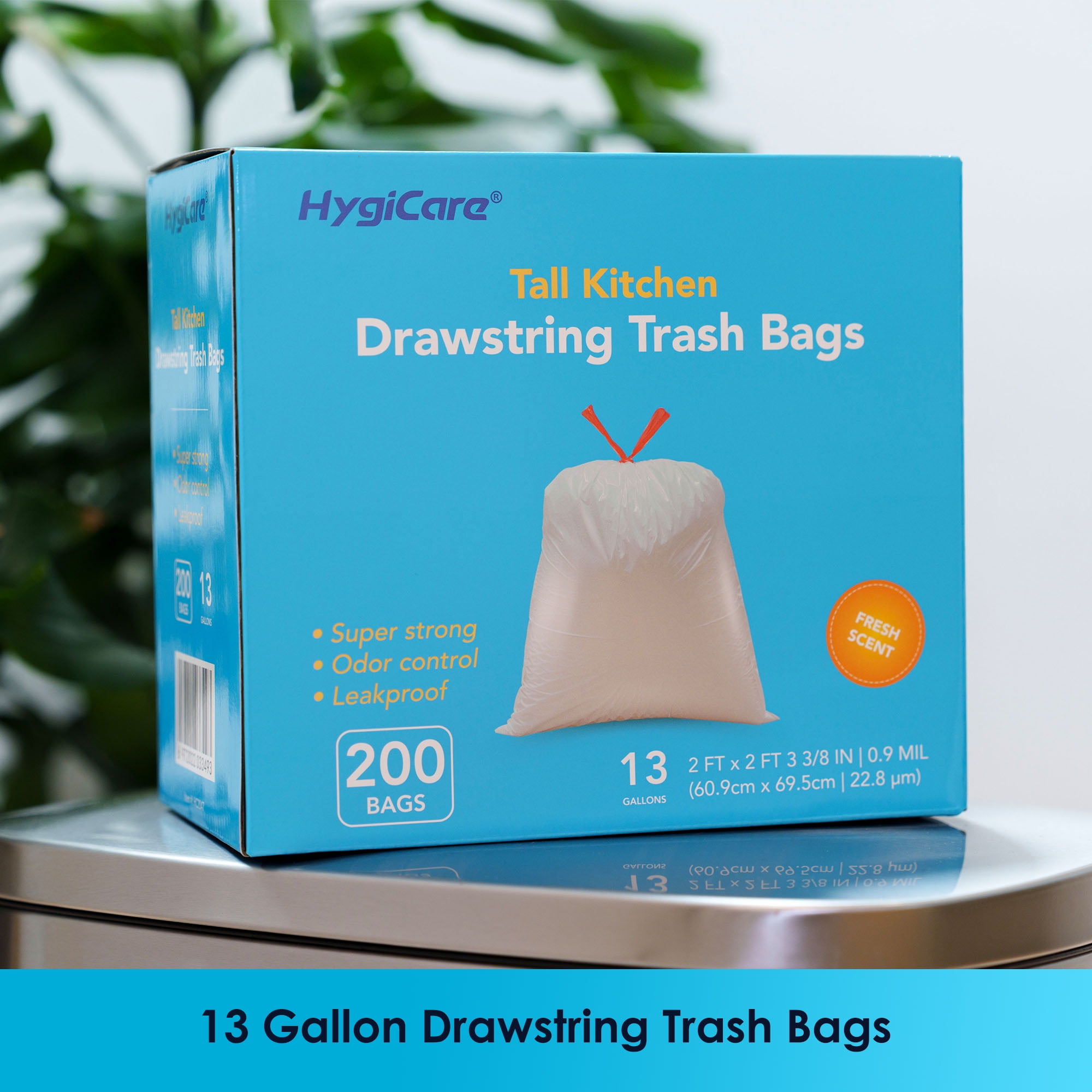 HygiCare 13 Gallon Tall Kitchen Drawstring Trash Bags, 200 Count, Fresh Scent, Super Strong, Leakproof