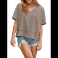 thumbnail image 2 of Camisetas de Verano con Cuello en V para Mujer, Blusas Casuales de Corta, Holgadas y Básicas. Caqui XL, 2 of 9