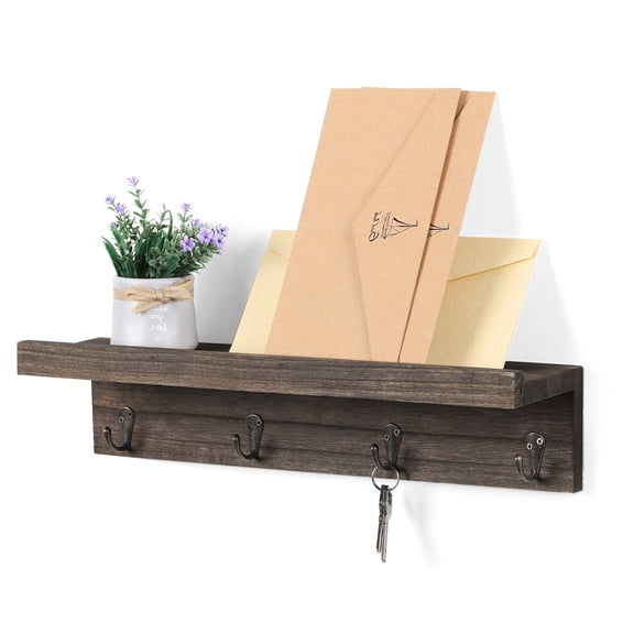 OYEAL 2-Pack Rustic Wall Mounted Coat Rack with Shelf, Dark Brown Wood Entryway Organizer with 4 Hooks, 16.1" L x 4.33" D x 3.54" H for Hallway, Kitchen, Bathroom