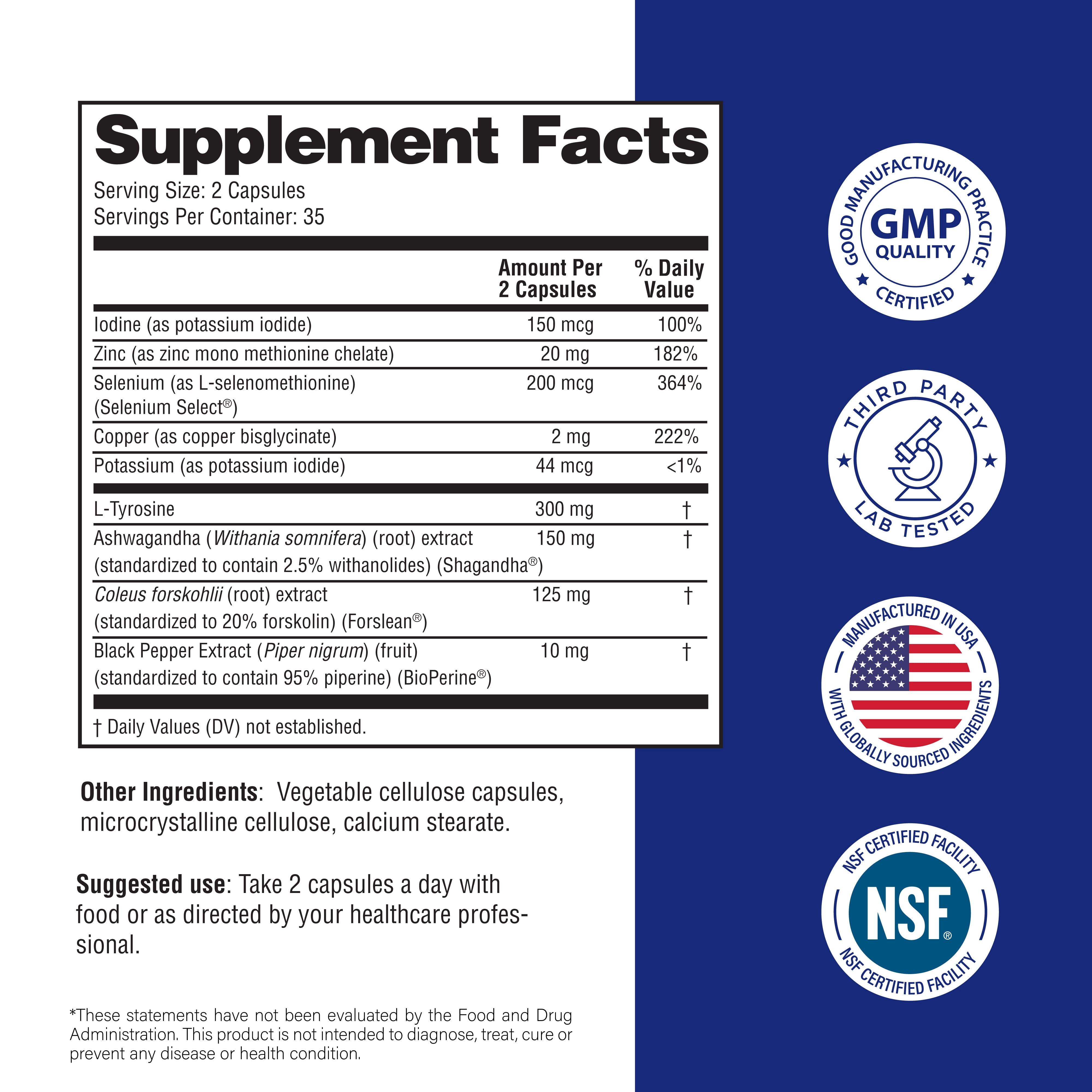 Sandhu's Thyroid Support Complex with Selenium, Zinc, Iodine, L Tyrosine, Ashwagandha | Pure Health Supplement for Women & Men |70 Count, 35 Days Supply