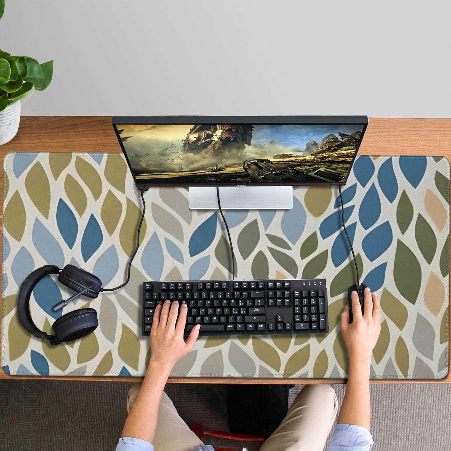 Long Mouse Pads for Desk,Blue Leaf and Vine Pattern Desk Mats on Top Of Desks, Desk Mouse Pad Extra Large with 3mm Non-Slip Base and Stitched Edge for Gaming,Office,Work,Home 47.3"x23.6"