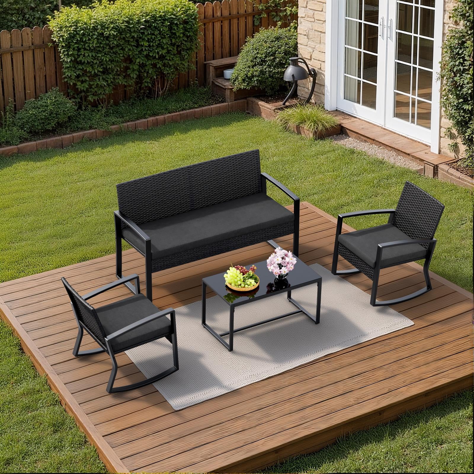 Outdoor Furniture Set for 4, Patio Conversation Set with Patio Rocking Chairs, Rattan Loveseat, Bistro Coffee Table, Removable Cushions for Backyard, Black