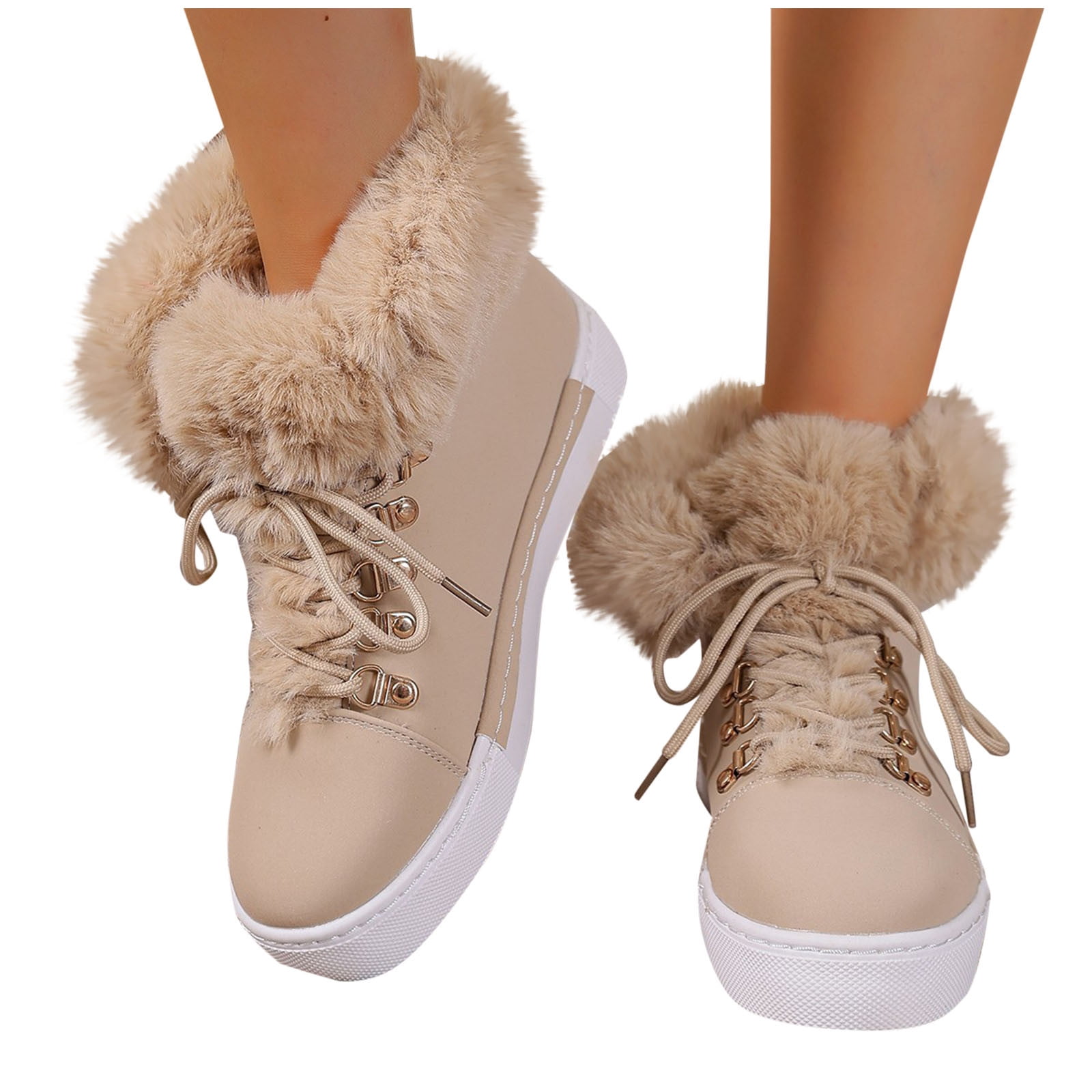 Dasayo Hiking Ladies Boots Ankle Yellow Furry Winter Faux Leather Lace up Flat Heel Shoes Shoes for Women 42