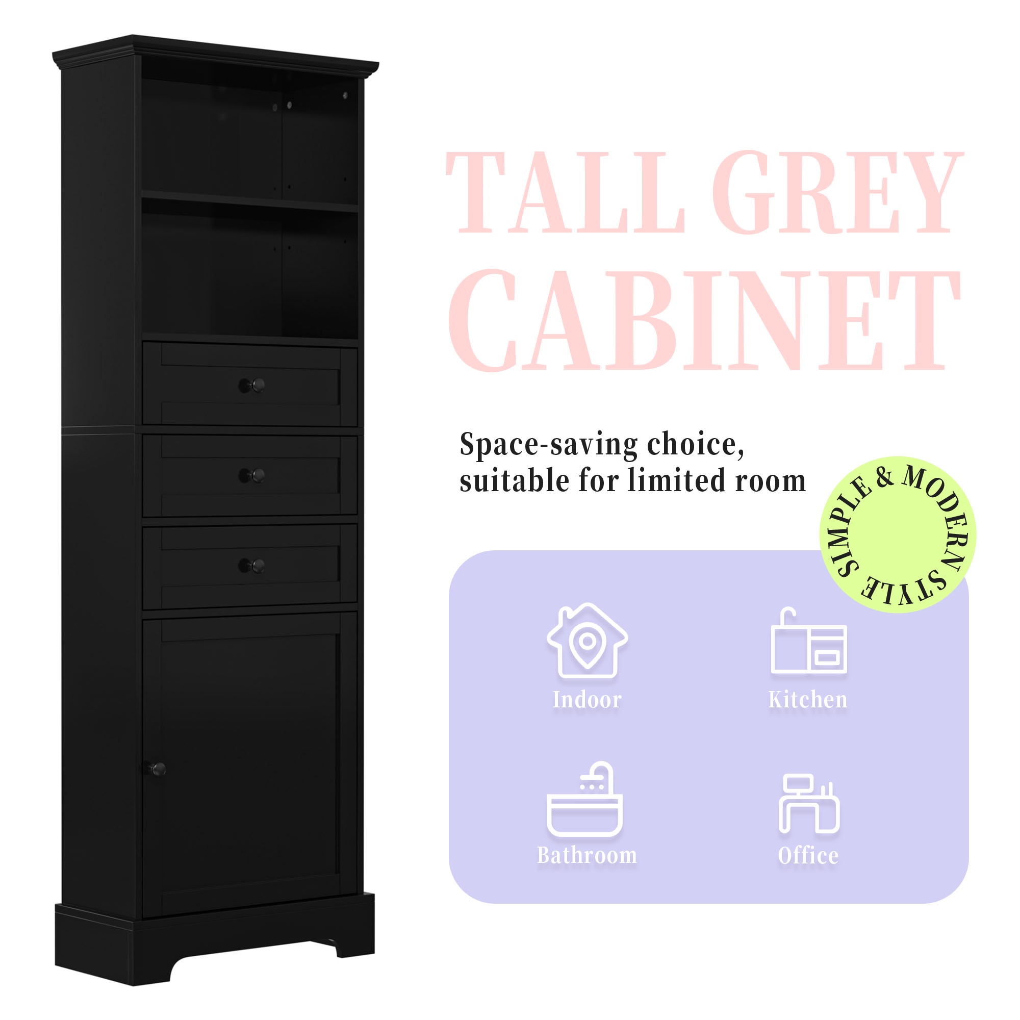 Tall Bathroom Cabinet, FURNINEST Bathroom Cabinet with 3 Drawers and Adjustable Shelves, Storage Cabinet Furniture for Home Bathroom, 22"L x 10.3"W x 57.3"H, Black
