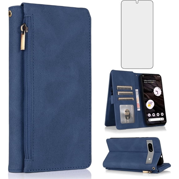 Asuwish Wallet Kickstand Hard Shell Cell Phone Case with Tempered Glass Screen Protector for Google Pixel 7A, Blue