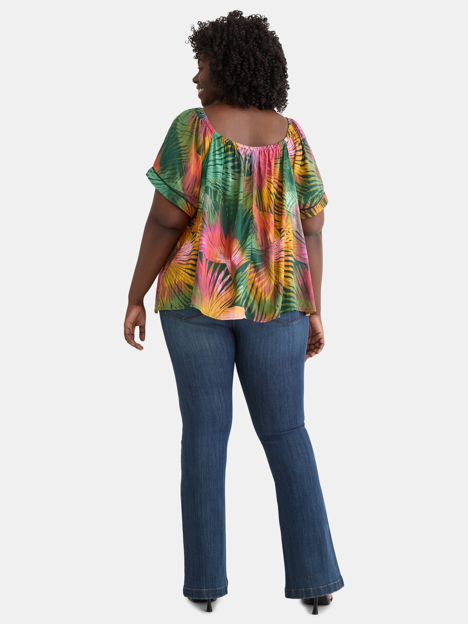 Terra & Sky Women's Plus Convertible Blouse with Short Sleeves, Sizes 0X-5X