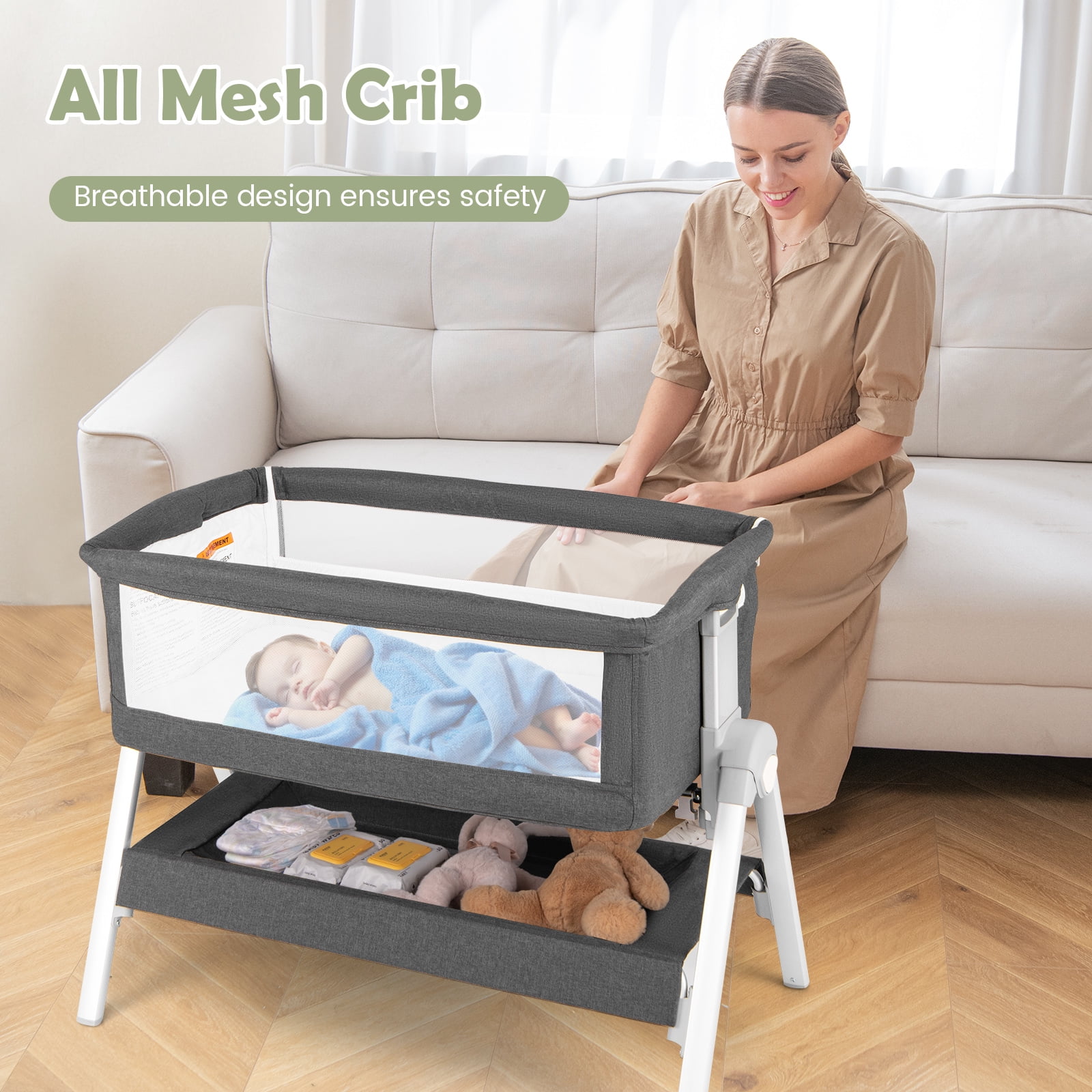 OLAKIDS Baby Bassinet Bedside Crib, Newborn Sleeper w/Large Storage Basket, Adjustable Heights, Detachable &Washable Mattress, Breathable Mesh, Straps, Easy Moving Bed Side (Misty Grey)