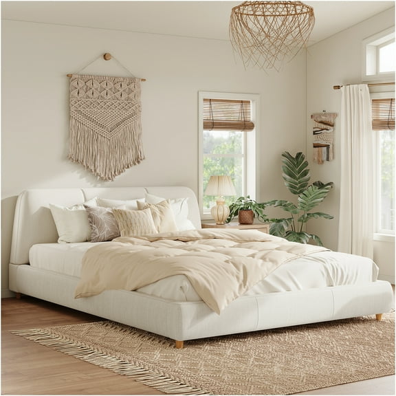 JERFIT Size Modern Upholstered Bed Frame with Linen Fabric and Solid Wood Legs White