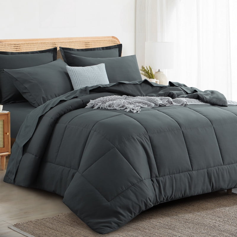 RUIKASI 5 Pieces Comforter Set with Sheets - Bed in a Bag with Comforter and All Season Sheets, Pillowcases,Dark Gray,Twin