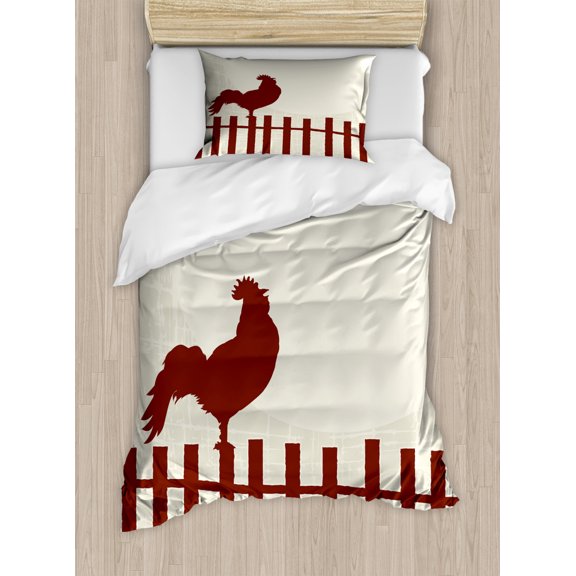 Fence Duvet Cover Set Twin Size, Retro Style Silhouette of Rooster on Fence Sunrise Pastel Grunge Graphic, Decorative 2 Piece Bedding Set with 1 Pillow Sham, Chestnut Brown Eggshell, by Ambesonne