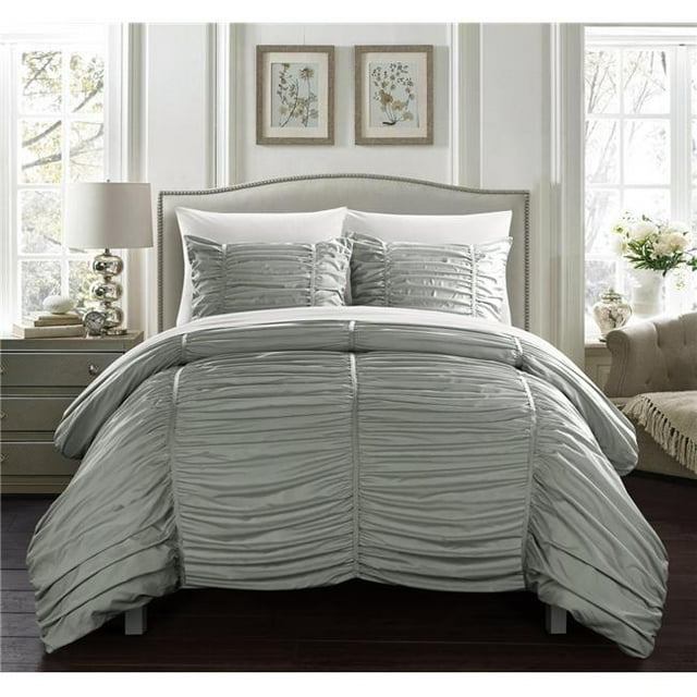 Chic Home BCS00064-BIBTX-US Karrie 5 Piece Comforter Set Contemporary Striped Ruched Ruffled Design Bed in a Bag - Sheet Set Pillowcase Decorative Pillow Sham Included, Twin Extra Large - Grey