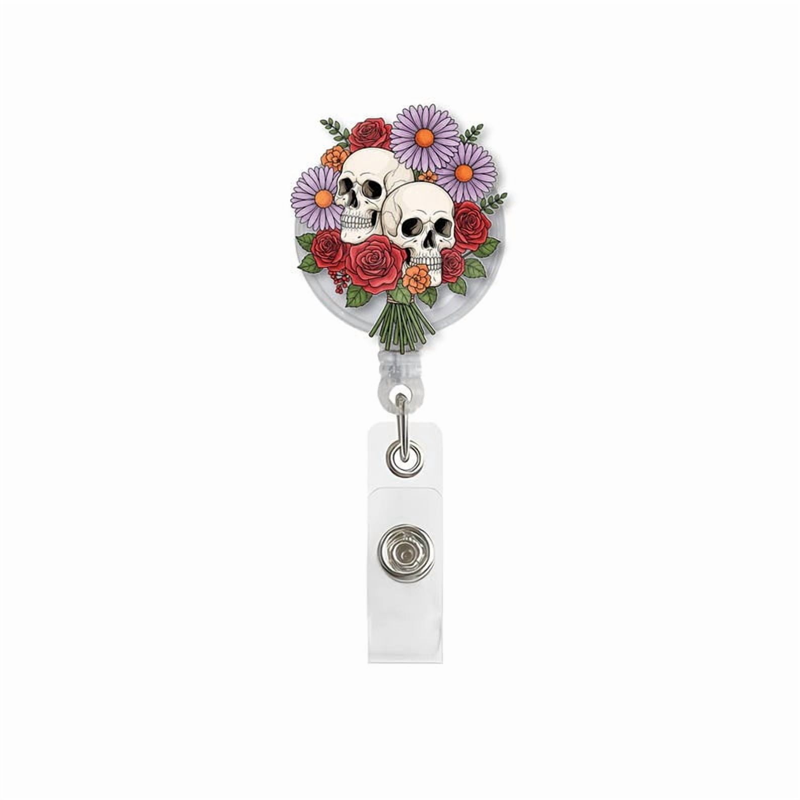TiniDecor Skull and Flower Badge Reel, Gothic Floral Retractable ID Holder, Cute Gift for Nurses & Halloween Lovers