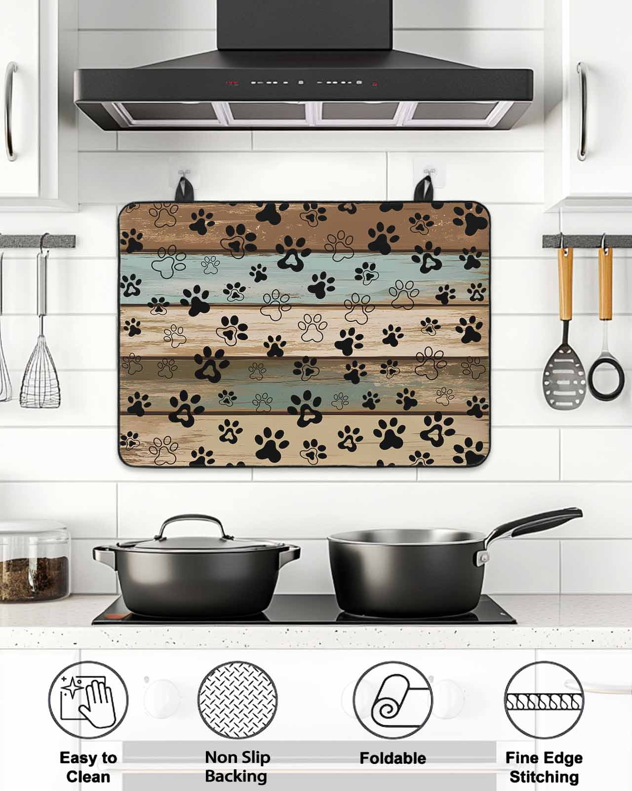 Stove Top Covers for Electric Stove, Black Paw Print Glass Stovetop Cover Protector, Farmhouse Vintage Shabby Wood Grain Induction Cooktop Protector Oven Mat for Kitchen Countertop 24"x21"