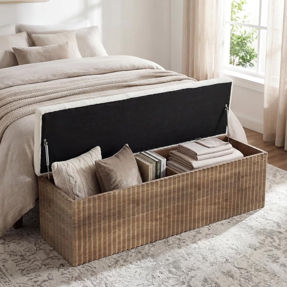Finmind 63" Upholstered Storage Bench, Farmhouse Wooden End of Bed Bench with Cushion for Entryway, Bedroom