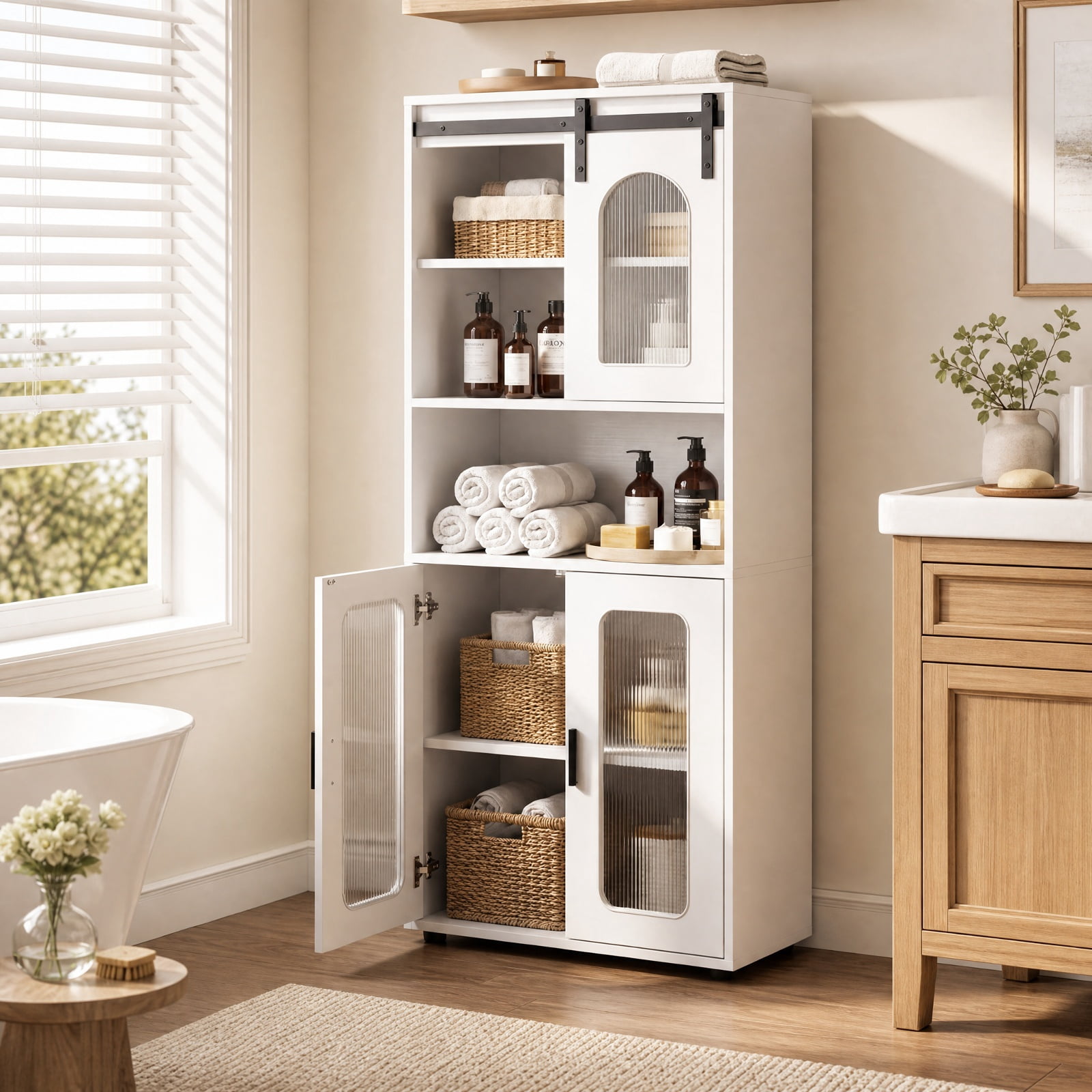 Vebreda Freestanding Bathroom Storage Cabinet, Farmhouse Bathroom Floor Cabinet with Sliding Barn Door, Large Storage Capacity