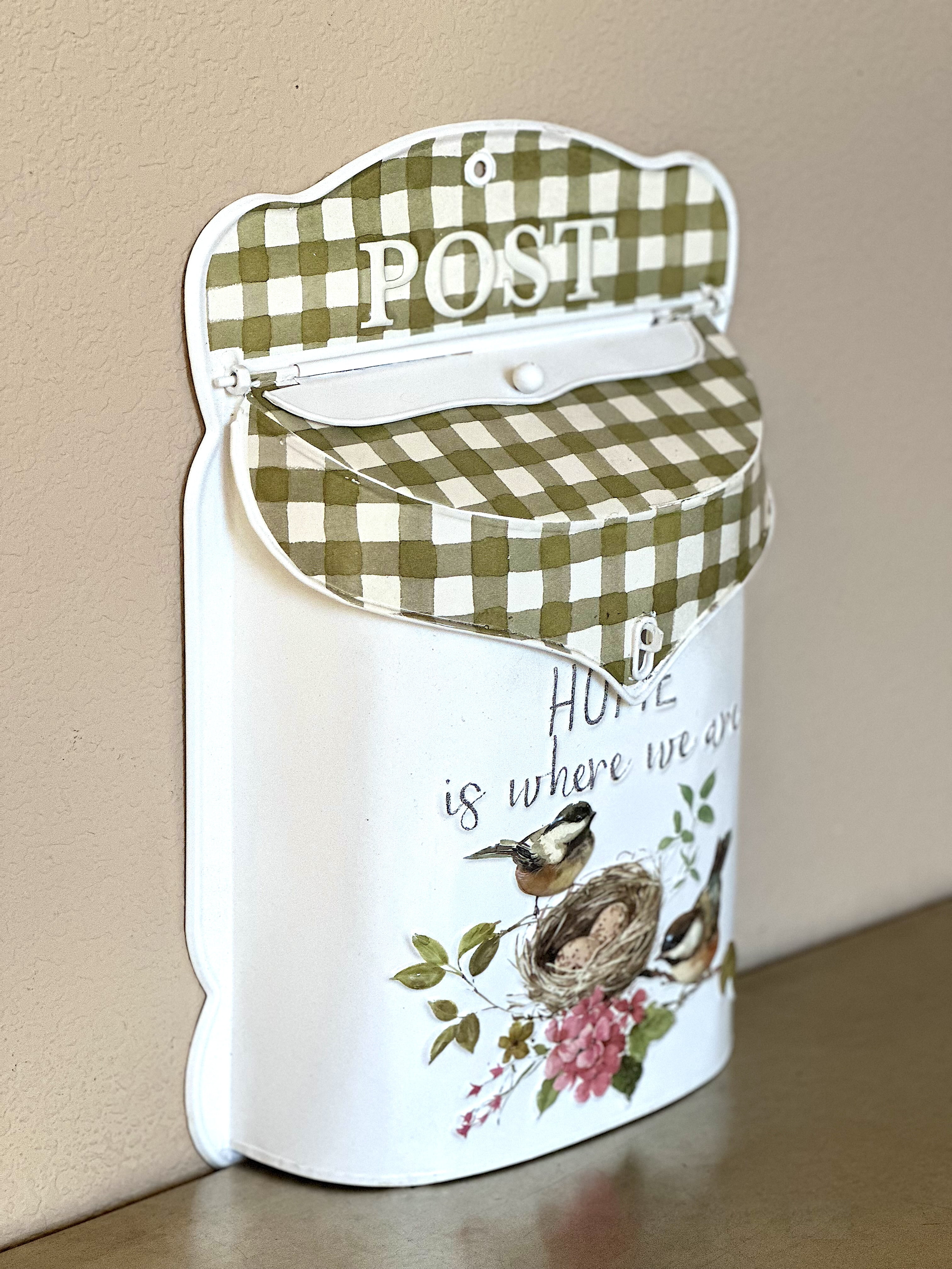 Decorative Metal Mailbox Wall Mount Farmhouse Post Box White Olive Plaid Bird Nest Design Indoor Outdoor Covered Porch Garden Decor 15.5" x11"