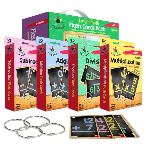 Star Right Cartes Flash Mathématiques Ensemble de 4 - Cartes Flash d'Ajout, Soustraction, Division et Multiplication - 4 Anneaux - 208 Cartes Flash Mathématiques - Âges 6+ - Maternelle, 1ère, 2ème, 3ème, 4ème, 5ème & 6ème Année