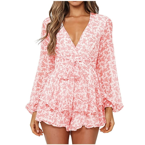 USSUMA Floral Print Women's Dresses Short Mini Sundresses for Women Casual Summer Long Sleeve Ruffle Belted Bohemian Sun Dress Beach Vacation V-Neck Graduation Dress