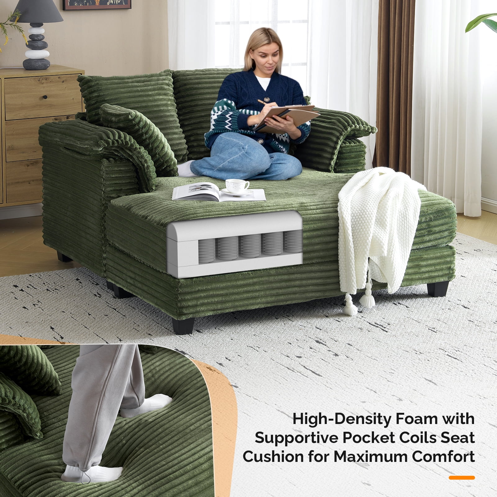 Ktaxon Corduroy Sofa Bed, Upholstered Comfy Sleeper with Pillow Arms, Lounge Chair with Lumbar Support Pillows, Ideal for Small Spaces Olive Green