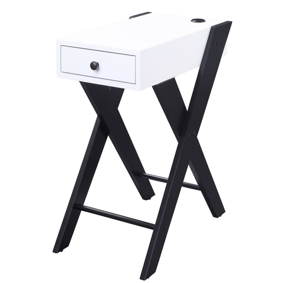 JERFIT Modern Side Table with Charging Station, 2 USB Ports, Drawer Storage, X-Shape Legs for Bedroom, Living Room, Nightstand, White and Black Finish