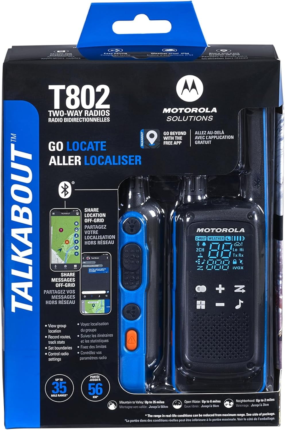 Motorola Solutions, Portable FRS, T802, Talkabout, Two-Way Radios Walkie Talkie Emergency Preparedness, Rechargable, 22 Channel, 35 Mile, Black W/Blue, 2 Pack
