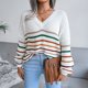 thumbnail image 5 of Prendas de punto a rayas Arco iris Casual Manga linterna suelta Cuello en V Suéter de punto Top de mujer, 5 of 8
