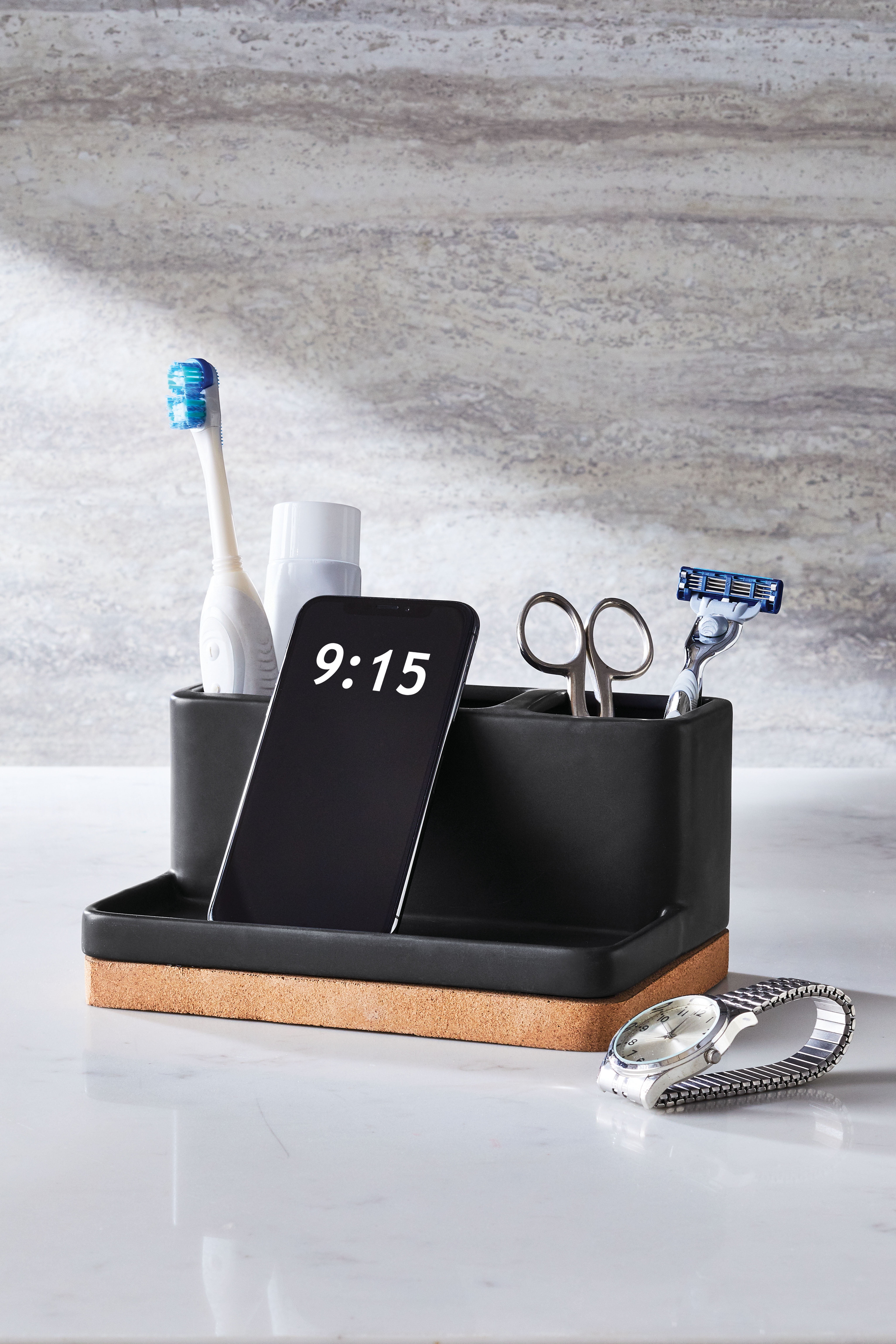 Better Homes & Gardens Matte Black and Cork Vanity Organizer with Tray and 3 Compartments