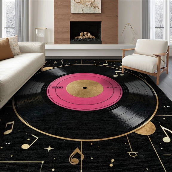 ODIKA 8'x10' Washable Area Rug Record Vinyl Vintage Disc Music Note Groove Cd Shaped Round Shape for Dining Room, Large Office, Lounge, Non-Slip Chair-Friendly Mat