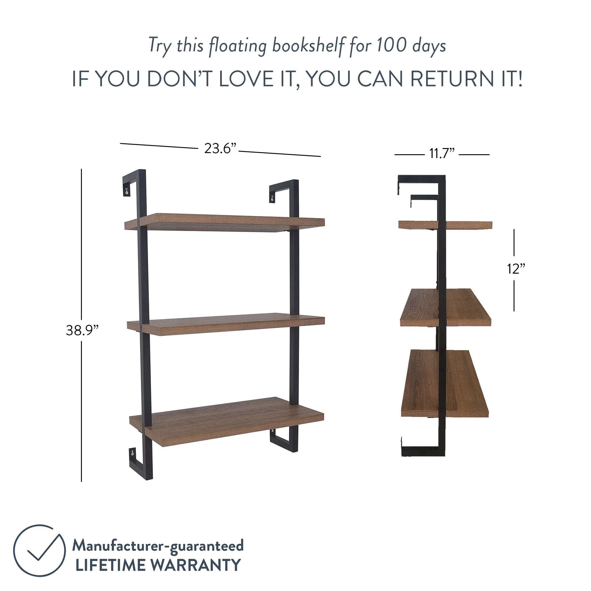 Nathan James Theo 3-Shelf Bookcase Floating Wall Mount Rustic Oak Wood with Black Industrial Pipe Metal Frame