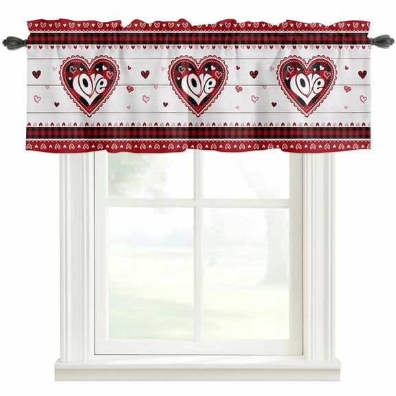 Valentine's Day Valances for Windows Buffalo Plaid Love Heart Wood Grain Rod Pocket Curtain Valance Window Treatment Short Curtains for Kitchen Living Room, 42"x12"