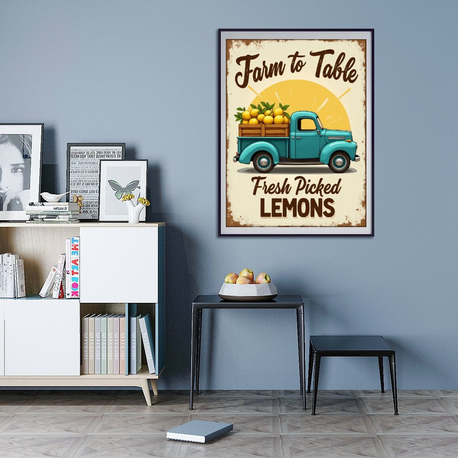 Diamond Art Kit for Adults, Retro Blue Truck Lemons Sunburst Diamond Painting for Adults Beginners, 5D DIY Diamond Art Painting Kits, Colorful Diamond Painting Craft for Home Decor 12x16