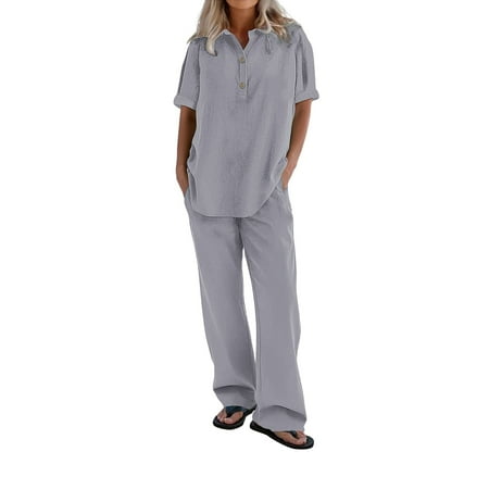 Linen Two Piece Set Women Vacation Clothes Cotton Sets For Women 2 Piece Work Sets For Women Wide Leg Pants Lounge Set Shirt and Wide Leg Pants Outfits Linen Pajamas Women Set Gray2 3XL
