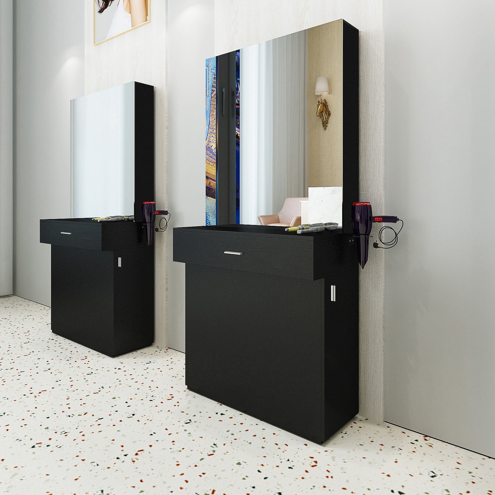 Black Barber Salon Stylist Station Wall Mount Beauty Spa Furniture with Mirror Dressing Table for Hair Styling