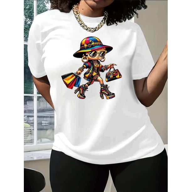 Camiseta para mujer Suave Transpirable veranoWomen'S Fashion Cartoon Print Crew Neck T-Shirt, Casual, Regular Length, Short Sleeve Top, Polyester Knit Fabric Tee for All SeasonsFather's Day, Mother'