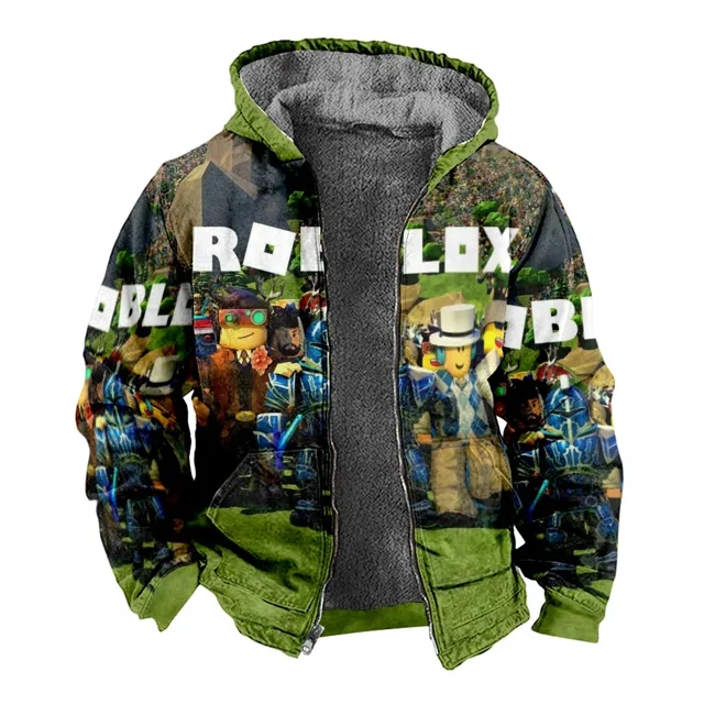 Roblox-Sudadera con capucha de manga larga para estudiante, suéter grueso con cremallera acolchada y estampado de dibujos animados, cuello suelto, algodón, regalos de navidad